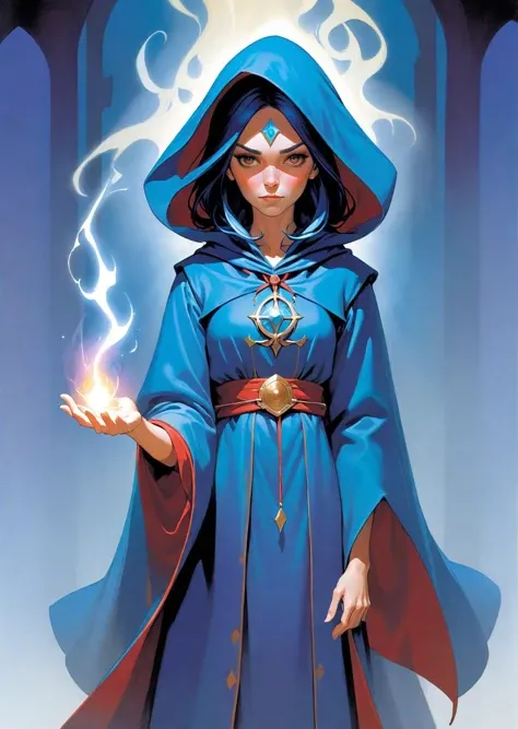 1 female mage, hood, casting spell, detailed hands
 detailed, colorful, dramatic lighting, shadow,
(best quality)
art by Jean Giraud Phil Noto