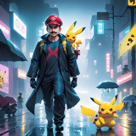 concept art Cyberpunk theme, dark evil mario as an adult man, hunting Pikachu on a rainy street. Pikachu being in absolute fear. . digital artwork, illustrative, painterly, matte painting, highly detailed