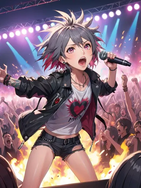 anime artwork of In the heart of a chaotic punk concert, a punk girl with a furious expression screams into a microphone, her eyes ablaze with anger, while the crowd thrashes around her, lost in the madness of the music, bold lines and vivid, chaotic colors,
(beautiful detailed gray eyes:1.2), <lora:lr_ehc_DetailedEyesXL_v3:0.25>,
<lora:lr_sld_ChestAdjustXL_v2:-10>,
(narrow ass:1.2),
(mid-range shot, shot from below:1.33),
<lora:lr_ehc_DetailTweakerXL_v1:1.0>, anime style, key visual, vibrant, studio anime, highly detailed