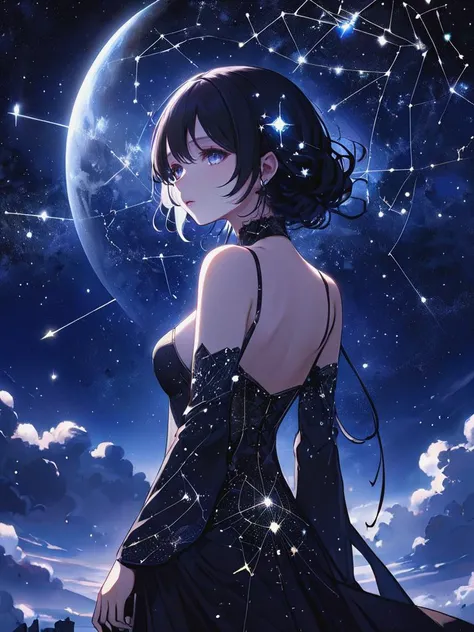 1girl, solo, masterpiece, anime, <lora:add-detail-xl:0.6>, cleavage, digital art, Fashion shot of a"Whispers of the night sky, constellations mapping our journey, guiding us towards our destined constellations.", Nu Goth Art, back-light