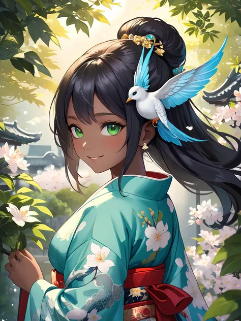 1 girl. smile. kimono, petals. flower garden. Pittosporum. (flower_style:0.8). four seasons.
nice body, beautiful skin. oily skin. an extremely delicate and beautiful. ultra detailed. clear eyes.
light sparkles. mysterious atmosphere. a dragon guards a hidden treasure.
wing .
bird's eye view
dark green hair hair, Long hair, light blue eye color. dark skin.