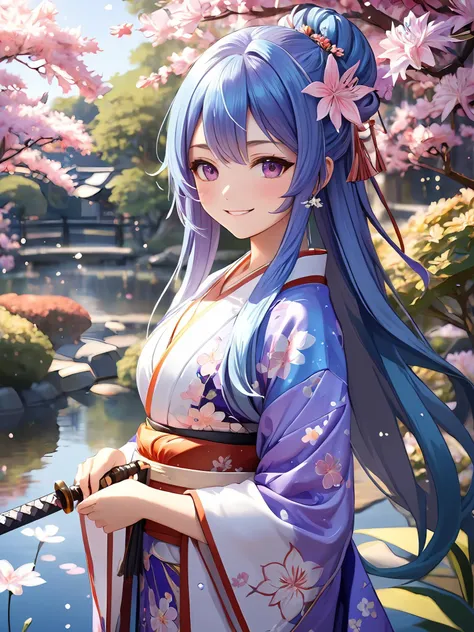 1 girl. smile. kimono, petals. flower garden. Nerine. (flower_style:0.8). four seasons.
nice body, beautiful skin. oily skin. an extremely delicate and beautiful. ultra detailed. clear eyes.
light sparkles. mysterious atmosphere. a quest for a legendary sword.
lake .
side view
blue hair hair, Long hair, purple eye color. tan skin.