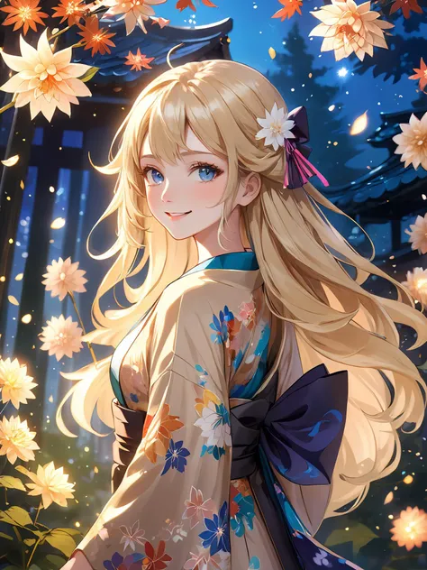 1 girl. smile. kimono, petals. flower garden. Dahlia. (flower_style:0.8). four seasons.
nice body, beautiful skin. oily skin. an extremely delicate and beautiful. ultra detailed. clear eyes.
light sparkles. mysterious atmosphere. a witch's curse causes a plague.
forest .
side view
blond hair hair, Extra Long hair, blue eye color. beige skin.