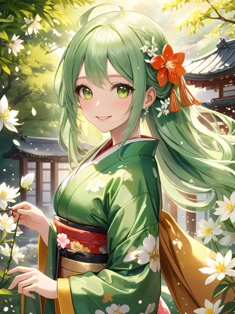 1 girl. smile. kimono, petals. flower garden. Chamelaucium. (flower_style:0.8). four seasons.
nice body, beautiful skin. oily skin. an extremely delicate and beautiful. ultra detailed. clear eyes.
light sparkles. mysterious atmosphere. a quest to find a magical grail.
wing .
dynamic view
light green hair hair, Extra Long hair, hazel eye color. caramel skin.