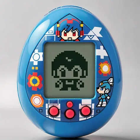 An egg-shaped, virtual pet device is featured with a central screen displaying a  single color 8bit  megaman ,The screen is encased within an while ring , <lora:egg_bit:0.75>,