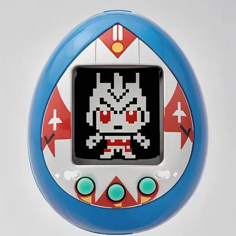 An egg-shaped, virtual pet device is featured with a central screen displaying a  single color 8bit  Ultraman ,The screen is encased within an while ring , <lora:egg_bit:0.75>,