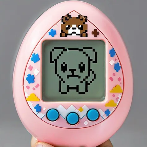 An egg-shaped, virtual pet device is featured with a central screen displaying a single color 8bit dog,The screen is encased within an while ring , <lora:egg_bit:0.75>,