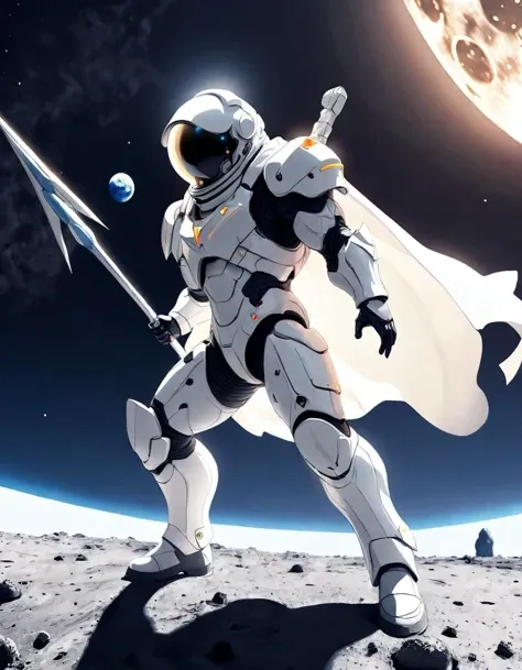 anime artwork of a space warrior wearing a white suit wielding a double sided lance standing on the moon, earth planet in the background, 4k, professional, key visual