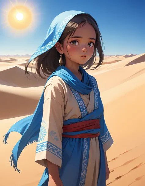 Illustration of a young girl wearing traditional Taklamakan desert clothing, standing against a backdrop of vast sand dunes under a clear blue sky, with the sun casting long shadows behind her as she looks out into the distance with a determined expression on her face.