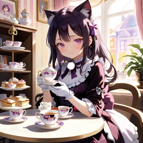 Illustration of Homura Akemi from Madoka Magica enjoying a delightful afternoon tea at a charming caf. Dressed in her iconic magical girl outfit, Homura gracefully holds a porcelain teacup, delicately sipping the steaming aromatic tea. The table is adorned with a lovely floral tea set, featuring elegant teapots and dainty teacups, as well as an array of delectable pastries and finger sandwiches. Sunlight filters through the window, casting a warm glow on the scene, while a plush cat rests lazily on a nearby cushion. In the background, amidst shelves lined with books and vintage teacups, an elegant chandelier lends a touch of timeless charm to the cozy ambiance.