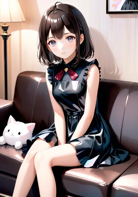 realistic,
a cute anime girl sits on a couch in a black dress, in the style of 8k, subtle pastel tones, shiny/glossy, dark brown and white, catcore, eerily realistic, i can't believe how beautiful this is