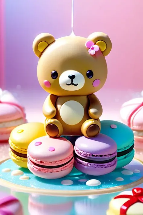 rilakkuma in a macaron color palette, cute cartoon style, full body. the background consists of a delicate arrangement of colors including pink, light blue, cream, and lavender, with a gentle hue. features water splashes that are rendered into glowing transparent, colorful circles. 3d sand sculpture rendering. ultra-realistic. 8k,