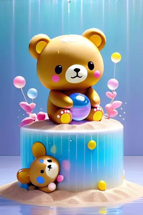 rilakkuma,(masterpiece, best quality), cute cartoon style, full body, background consists of a delicate arrangement of colors including pink, light blue, cream, and lavender, with a gentle hue. features water splashes that are rendered into glowing transparent, colorful circles, 3d sand sculpture rendering, ultra-realistic, 8k,