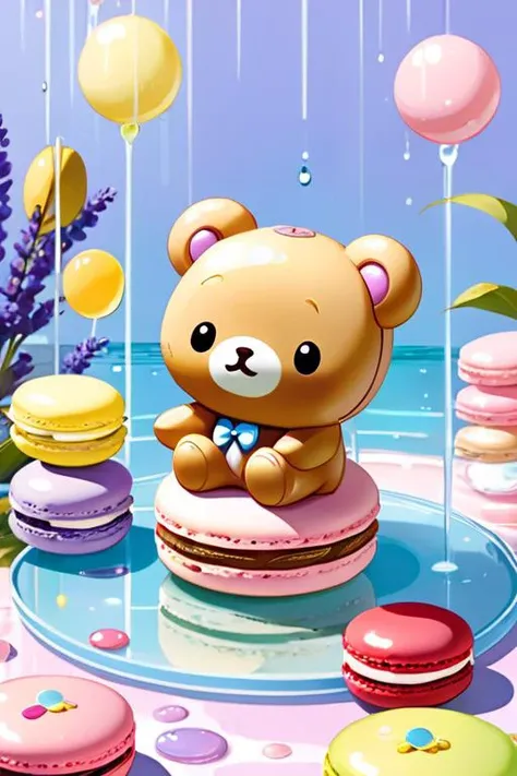 rilakkuma  in a macaron color palette, cute cartoon style, full body. the background consists of a delicate arrangement of colors including pink, light blue, cream, and lavender, with a gentle hue. features water splashes that are rendered into glowing transparent, colorful circles
