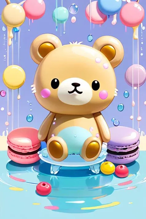 rilakkuma in a macaron color palette, cute cartoon style, full body. the background consists of a delicate arrangement of colors including pink, light blue, cream, and lavender, with a gentle hue. features water splashes that are rendered into glowing transparent, colorful circles