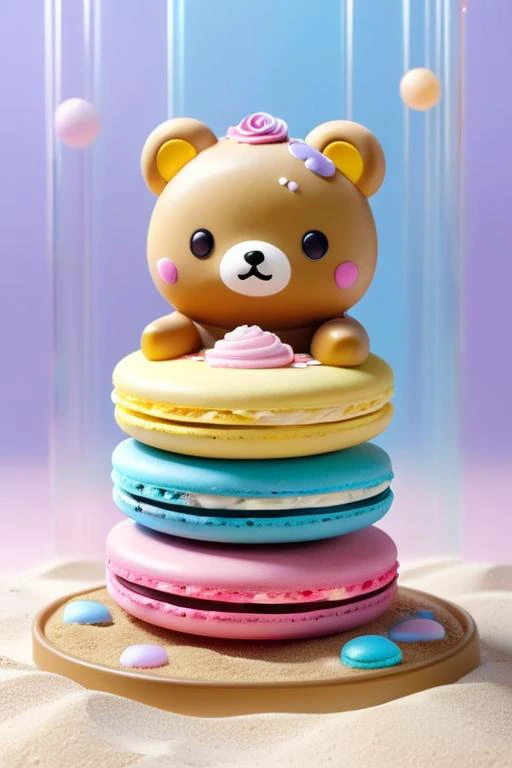 rilakkuma in a macaron color palette, cute cartoon style, full body. the background consists of a delicate arrangement of colors including pink, light blue, cream, and lavender, with a gentle hue. features water splashes that are rendered into glowing transparent, colorful circles. 3d sand sculpture rendering. ultra-realistic. 8k,