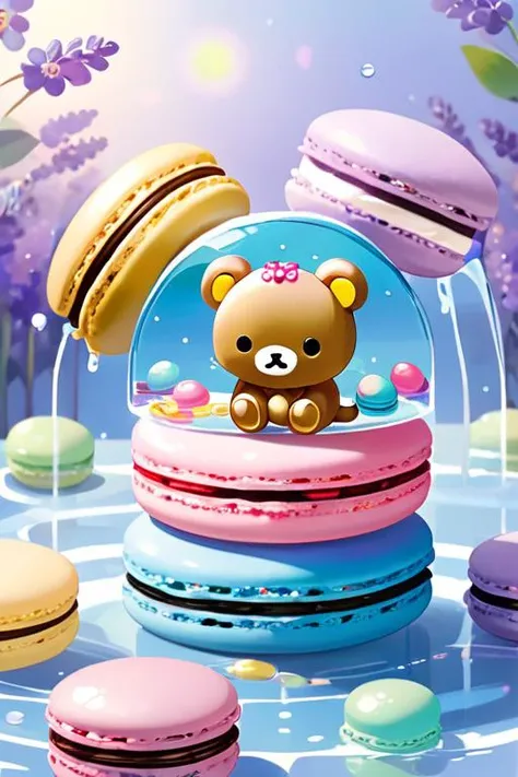 rilakkuma in a macaron color palette, cute cartoon style, full body. the background consists of a delicate arrangement of colors including pink, light blue, cream, and lavender, with a gentle hue. features water splashes that are rendered into glowing transparent, colorful circles