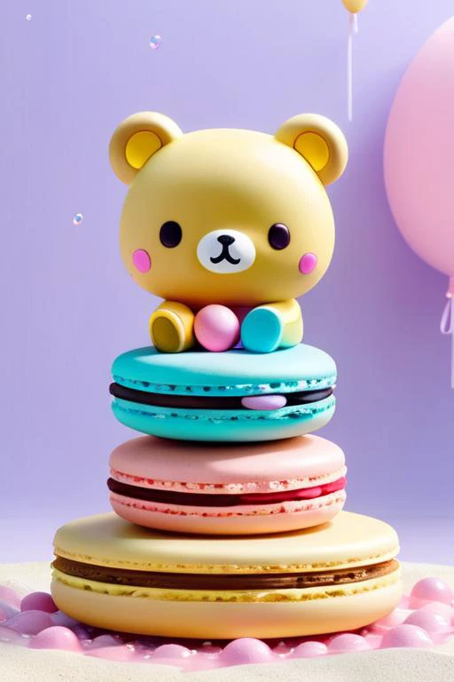 san-xâs rilakkuma in a macaron color palette, cute cartoon style, full body. the background consists of a delicate arrangement of colors including pink, light blue, cream, and lavender, with a gentle hue. features water splashes that are rendered into glowing transparent, colorful circles. 3d sand sculpture rendering. ultra-realistic. 8k,