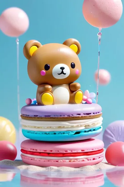 san-xâs rilakkumaÂ  in a macaron color palette, cute cartoon style, full body. the background consists of a delicate arrangement of colors including pink, light blue, cream, and lavender, with a gentle hue. features water splashes that are rendered into glowing transparent, colorful circles. 3d sand sculpture rendering. ultra-realistic. 8k,