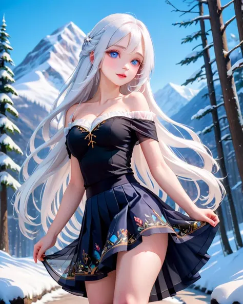 ((Ultra-HD Photo)), Ultra-detailed RAW Photo, (photorealistic:1.3), (high detailed RAW photo:1.3), (realistic:1.3), (masterpiece:1.3), (detailed skin texture:1.3), (detailed face:1.2), (Stunning visual effects:1.3), (back view:1.5), (beautiful legs, beautiful feet, beautiful hands), (extreme long shot:1.3), (extreme wide shot:1.3), (from below:1.3), (low angle:1.3), (Childlike face:1.5), (full body),(random Posing for photo:2),
(1 girl), (beautiful girl), (long white hair:1.3), cute, (pale skin:1.3), young, sexy, (goddess face:1.3), (firm breasts), (deep cleavage:1.6), (bimbo:1.5), (dark snow forest Mountain background:1.5), (off shoulder:1.3), (bare arms:2), (naked), winter, snow, (High heel:1.5), (fancy gauze micro skirt:1.8), (sexy underwear inside), (beautifu underwear), (high split micro skirt), (see-through),