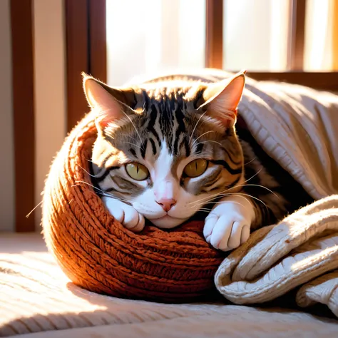Photo of a tabby cat named Tom peacefully dozing off on a soft, knitted blanket under the warm glow of sunlight streaming through a window. The cat is curled up in a cozy ball, with gentle rise and fall of its chest as it breathes softly, creating a serene and tranquil scene