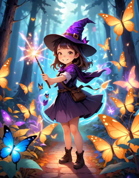 Photo of a young girl wearing a witch hat and holding a magic wand, with a glowing smile as she casts a spell in a magical forest surrounded by colorful butterflies and fairies.