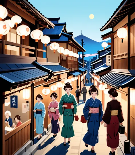 Illustration of a bustling Japanese street in the Showa era, with traditional wooden houses, paper lanterns, and people in vintage clothing going about their daily activities under the soft glow of street lamps. The scene evokes a sense of nostalgia and historical charm, capturing the essence of life during the Showa period.