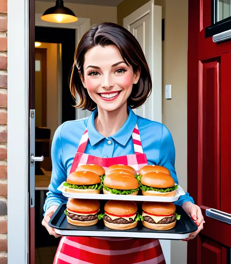 Photo of a lady holding a tray stacked with freshly made hamburgers, smiling as she offers them to her neighbor through a welcoming open door, with a warm and friendly expression.
