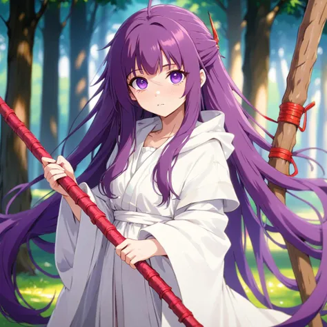 A female anime character with long purple hair and purple eyes, dressed in a white outfit. The character is holding a stick with both hands, which features a red string attachment at one end. Her facial features are sharply defined, with thin eyebrows, adding to her confident and regal demeanor,
<lora:FernFrieren_PD6XL:1>, FernFrieren