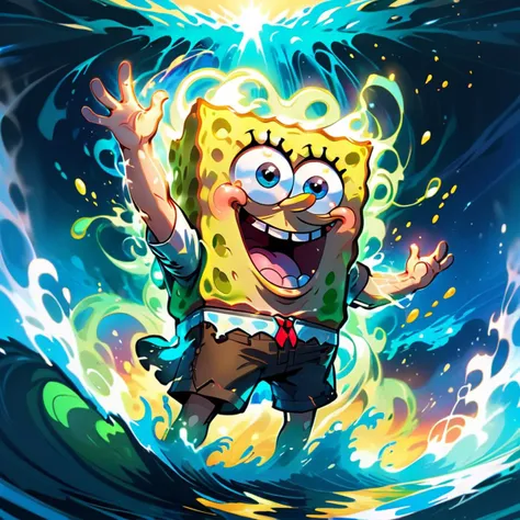 A digital art piece featuring SpongeBob, fully enveloped in swirling water currents and radiant light. The entire composition exudes an aura of power and energy, with SpongeBob at the center, his body emitting a strong, glowing field. The water flows dynamically around him, capturing the fluidity and translucence of the ocean, while beams of light pierce through, creating a dramatic and otherworldly effect. The art style is vivid and hyper-realistic, emphasizing the magical and intense atmosphere of the scene,<lora:herocoolstyle:0.75>,