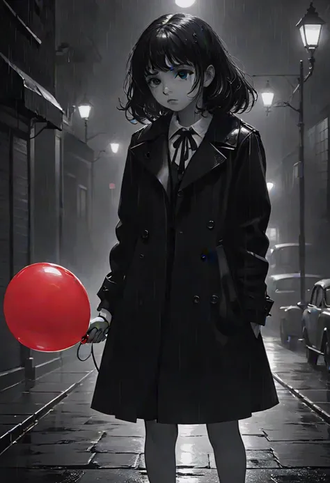 film noir style Generate an emotional image of a young girl, solo, standing alone in the rain, dressed in black, holding onto a single red balloon, sad and lost expression, raindrops fall from their face, symbolizing both sadness and remembrance, Use soft lighting to create a melancholic atmosphere that captures the essence of mourning, style of Casey Baugh and Ilya Kuvshinov, . monochrome, high contrast, dramatic shadows, 1940s style, mysterious, cinematic