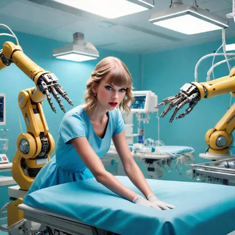 Taylor Swift on operating table with robotic arms in sterile room., perfect composition, hyperrealistic, super detailed, 8k, high quality, trending art, trending on artstation, sharp focus, studio photo, intricate details, highly detailed,