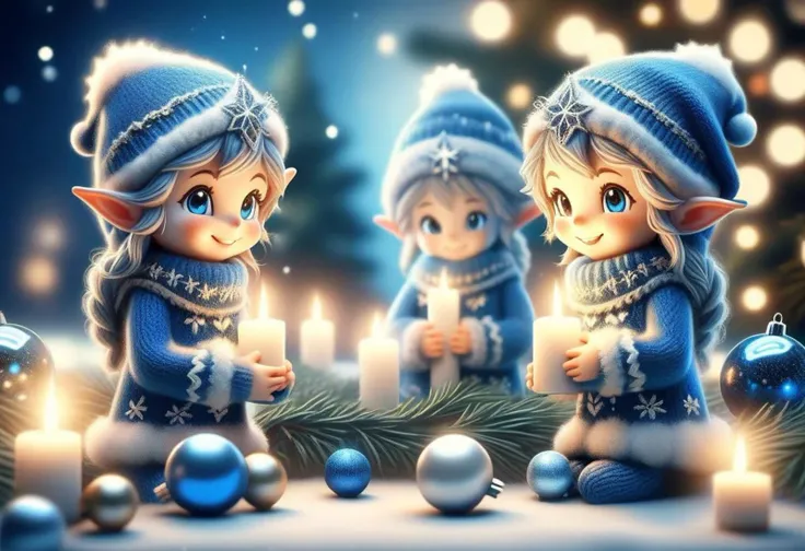 Christmas scene with a cute Blue Epoch Elves among blue and silver decorations, smile, twinkling lights entwined through pine branches, gleaming candles casting a warm glow over the glossy leaves and reflective baubles, holiday cheer encapsulated in the arrangement, soft-focus background with bokeh effect from distant Christmas lights, fluffy, lights, holiday atmosphere, ultra-fine, digital painting, golden ratio composition.