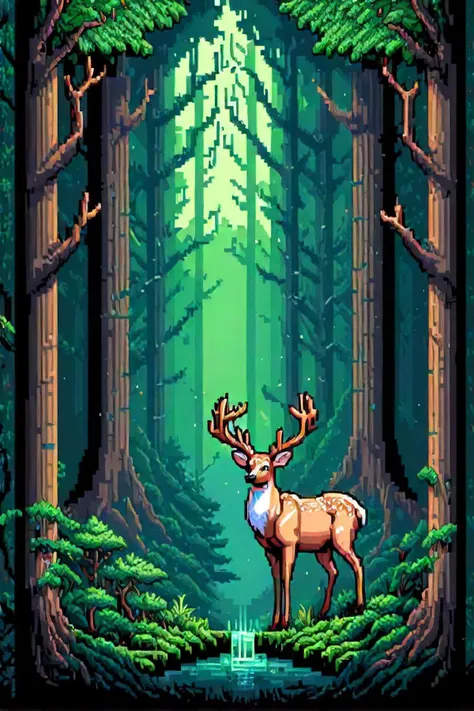 pixel art of a forest with a deer and a woman inspired by dan mumford, polycount contest winner, pixel art, #pixelart:3, #pixelart, # pixelart, very detailed, gorgeous