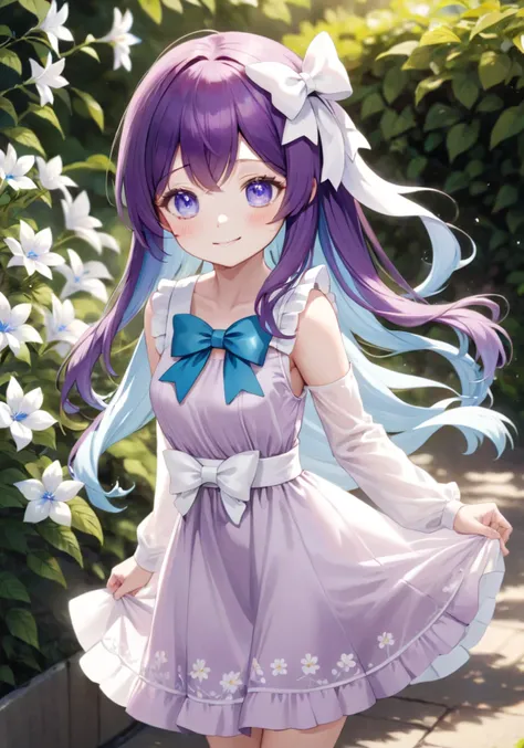 highres,best quality, girl, , 1girl, blue eyes, bow, closed mouth, dress, flower, hair bow, long hair, long sleeves, purple hair, sleeveless, sleeveless dress, smile, solo, sundress, white bow, white dress, white flower