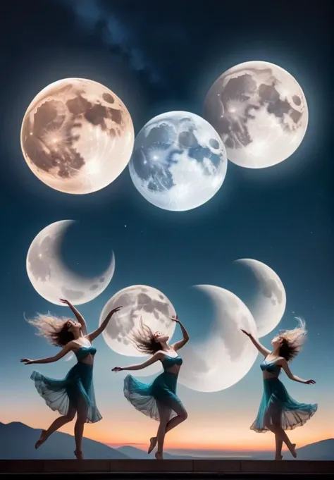 A mesmerizing dance of five full moons illuminates the night sky, their colors blending and swirling in an otherworldly spectacle.