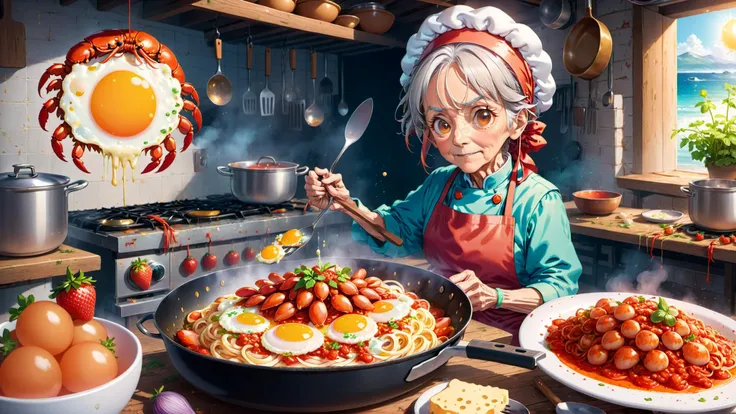 <lora:FaeTastic:0.7>, anime artwork . anime style, key visual, vibrant, studio anime, highly detailed, analog photograph of a old woman cooking lobster (rotten strawberry, fried egg) spaghetti on a rustic kitcken, spoon, knife, dish, pan, on the wall at the background
break; cheese, Bolognese sauce splatter, onions