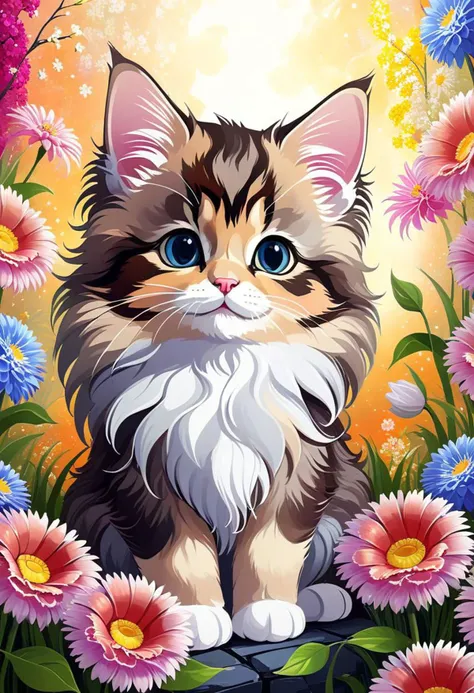 (masterpiece, top quality, best quality, beautiful and aesthetic:1.0), (beautiful cute maincoon :0.5), fantasy background with many abstract flowers, realistic