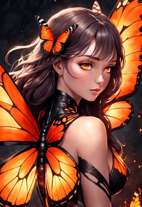 Beautiful woman Butterfly, lava, wings. detail, molten lava, glow, detailed texture