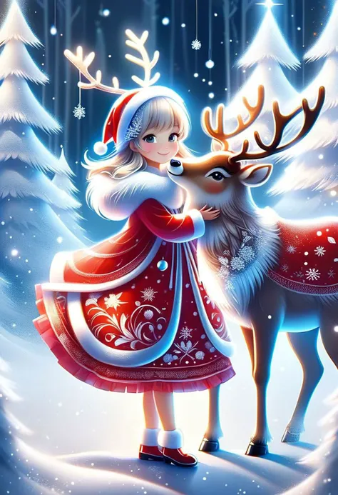 FrostedStyle, cute girl wearing red Christmas dress is hugging happy reindeer,
(snowy forest, moonlight, Christmas trees), (sparkles, sparkling clothes, sparkling eyes),