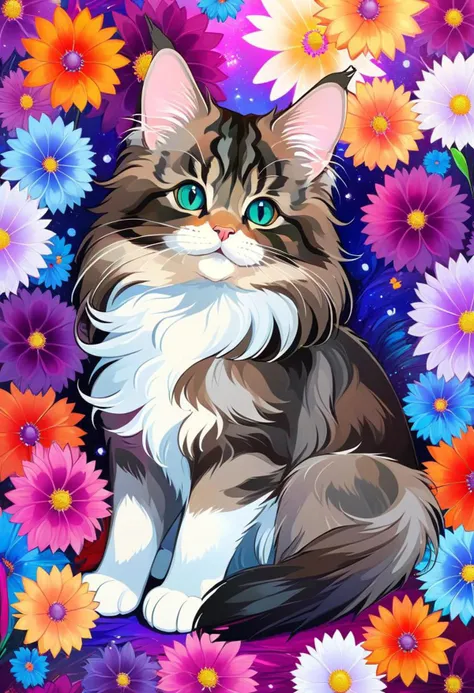 (masterpiece, top quality, best quality, beautiful and aesthetic:1.0), (beautiful cute maincoon :1.0), fantasy background with many colorful abstract flowers