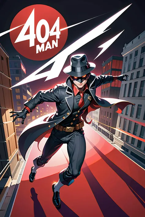 1man, from above, dutch angle, overhead shot,
phantom thief running across the roof, (holding a picture frame:0.5), silk hat,
the shadow of the phantom thief illuminated by the searchlight from the helicopter is ("404Man" text logo:1.5), dynamic pose,
super fine concept art, poster art, 70's style, monochrome background, dark red tone,