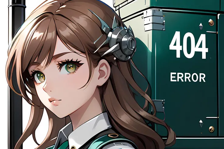 1 girl. MANGA style. clean atmosphere. troubled expression. (speech bubble says "404 ERROR ":1.8).
break.
metal box in front of the girl. text "404" written on the front of the metal box.
break.
uniform, beautiful skin. oily skin. an extremely delicate and beautiful. ultra detailed. clear eyes, Exact Physics. Perfect anatomy, best quality.
break.
light brown hair,
spiked hair. very long hair.
liquid eyeliner, jade eye color.
a magic portal to the past.
ruby,
quadruped robot.