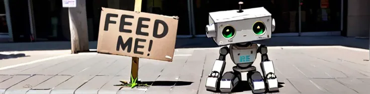 daytime picture, a small homeless robot, begging for money, holding cardboard sign with the text "FEED ME"