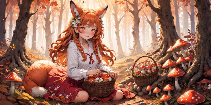 (1girl, happy, sitting in the autumn forest sorrounded by mushrooms, holding a basket, long braided hair, curly, fox ears, fluffy fox tail, traditional eastern european clothes, white shirt, red skirt with flower pattern, fluffy ears:1,2), monster girl, amanita pantheria, forest ground, autumn, dewy, orange hair, golden hour, afternoon sun,
<lora:EnvyMonsterGirlXL01:1.0>