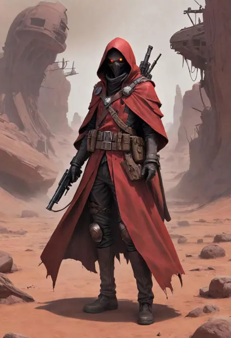 (((Ultra detailed, Megapixel))) (masterpiece, best quality, highres, intricate details),An immense red desert with remains of destroy ancient war machines, a close up of a person with a weapon, red hooded trench coat, steampunk setting, tattered cloth robes, double barrel shotgun, grimdark, anthropomorphic _ humanoid, leather pilots uniform, clean image, unused design, bellowing dust, arcadia, darius puia, old west,necromancy, red hooded trench coat, contemplates the immensity of the landscape, he has a strange robot backpack and a futuristic cowboy rifle, the image is seen from very high up making everything seems small, in the sky two suns with extinguished lights shine, one smaller than the other, grimdark
