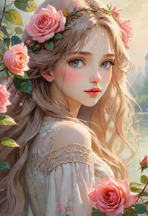 {({(rose themed:1.5)} beautiful girl, long hair, light colored eyes, delicate, calm demeanor, {beautifuly dressed with intricate thorn details}, ({watercolored styled} impressionist masterpiece:1.5), (best quality:1.5), ((UHD:1.5)), (detailed face, detailed eyes, detailed mouth, detailed body, detailed hands, detailed clothes, detailed background, detailed scenery:1.5), (aesthetic + beautiful + harmonic:1.5), ({symmetrical intricate thorns details + sharpen symmetrical thorns details}:1.5)
