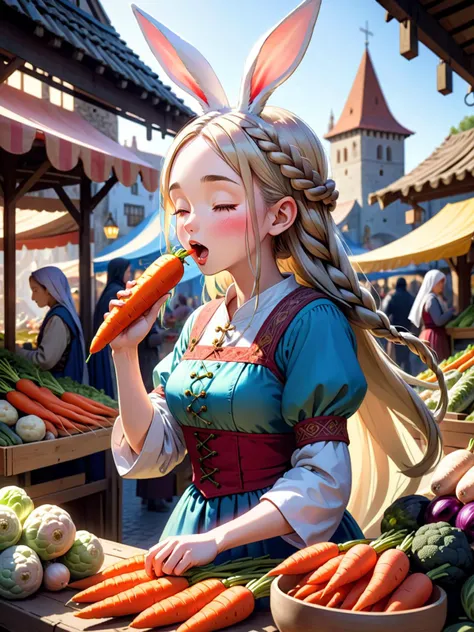 side view, 1girl, bunny ears, long braided hair, medium breasts, mouth open, (eyes closed:1.4), absentminded, eating a large carrot in mouth, wearing traditional clothes, (behind a market stall, assortment of vegetables behind her:1.2), market, medieval setting, lit by morning sun, monster girl, five fingers,