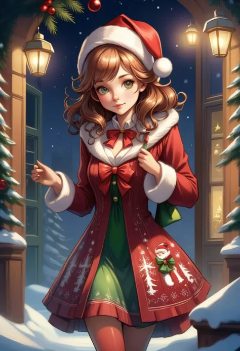 An adorable young woman dressed in christmas themed clothes, christmas accessories, art nouveau style, by dan mumford, by leonardo da vinci, dynamic light and shadow, digital art
