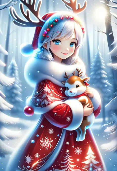 FrostedStyle, cute girl wearing red Christmas dress is hugging happy reindeer,
(snowy forest, moonlight, Christmas trees), (sparkles, sparkling clothes, sparkling eyes),